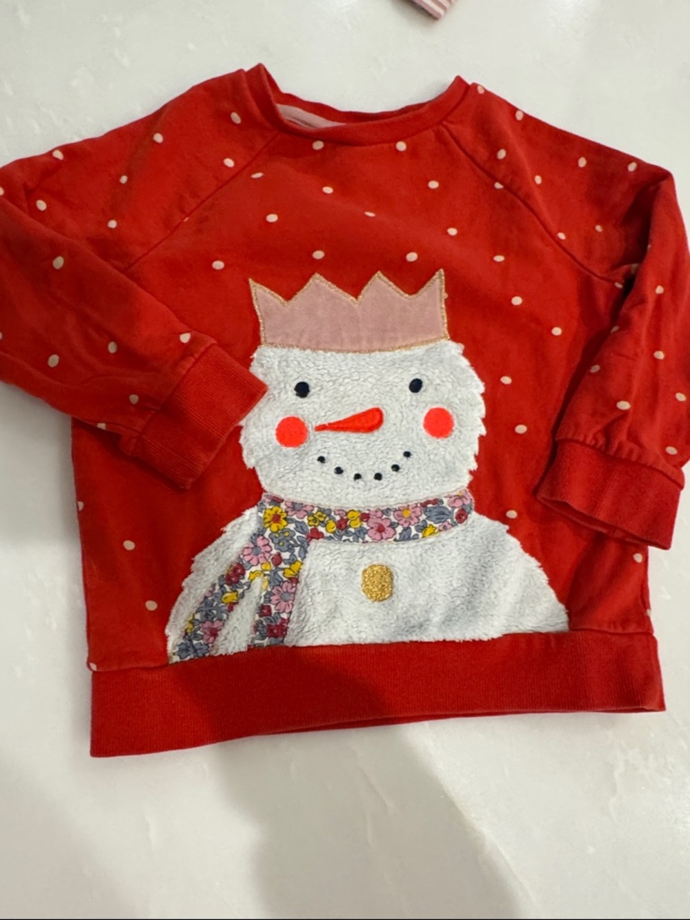 Mini Boden Red Snowman Sweatshirt with Pink and White Accents